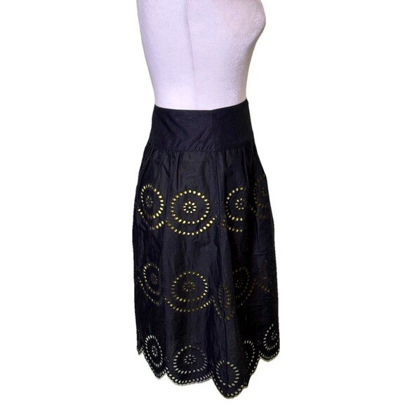 INC Boho Black Yellow Eyelet ALine Skirt Midi Broderie Anglaise Scalloped Hem 10 - Picture 4 of 7